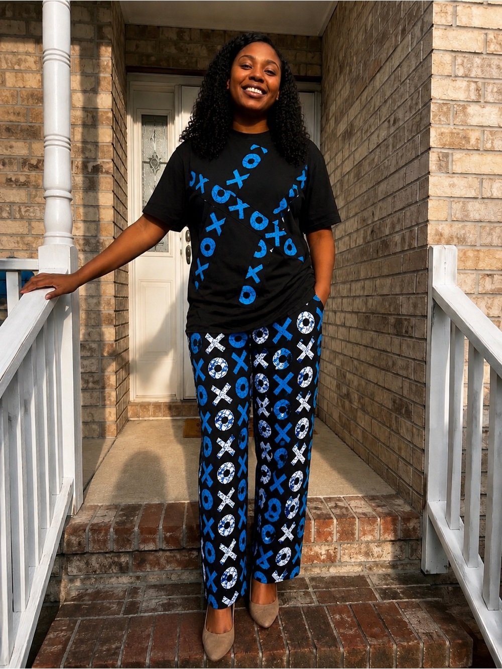 Women's Black & Blue African Printed Wide-Leg Pants Set